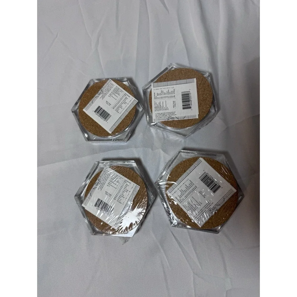 Set of 4 Clear Acrylic Hexagon Christmas Coasters Counted Cross Stitch Vtg New